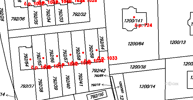 Vejprnice 1033 na parcele st. 792/59 v KÚ Vejprnice, Katastrální mapa