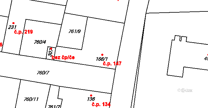 Lužec nad Vltavou 147 na parcele st. 166/1 v KÚ Lužec nad Vltavou, Katastrální mapa