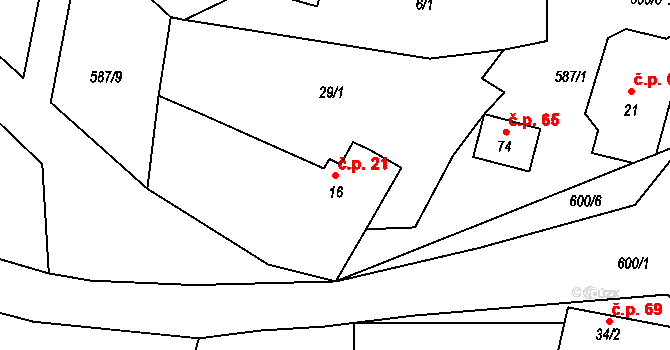 Hustířany 21, Velichovky na parcele st. 16 v KÚ Hustířany, Katastrální mapa