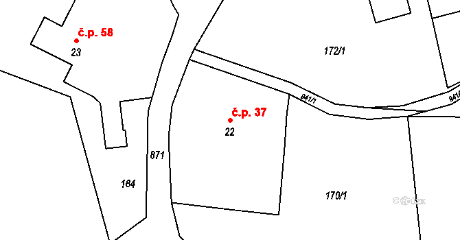 Rokytník 37, Hronov na parcele st. 22 v KÚ Rokytník, Katastrální mapa