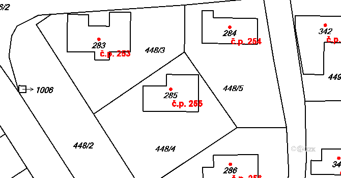 Rybitví 255 na parcele st. 285 v KÚ Rybitví, Katastrální mapa