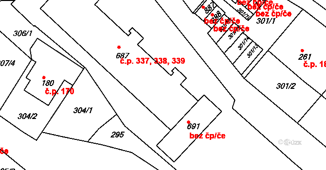 Adamov 337,338,339 na parcele st. 687 v KÚ Adamov, Katastrální mapa