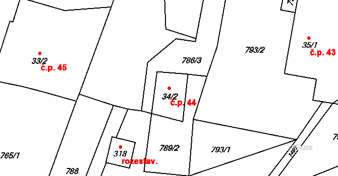 Krchleby 44 na parcele st. 34/2 v KÚ Krchleby na Moravě, Katastrální mapa