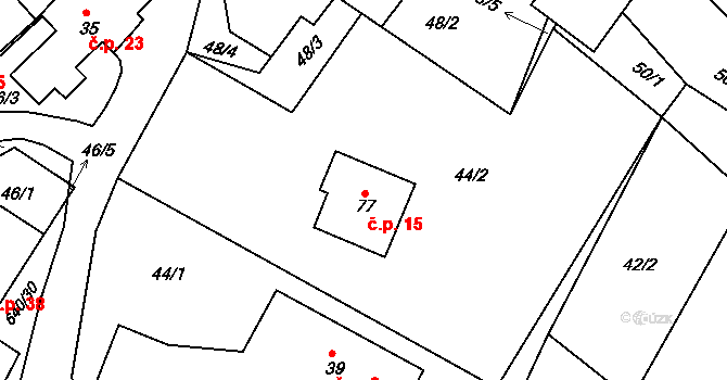 Hurtova Lhota 15 na parcele st. 77 v KÚ Hurtova Lhota, Katastrální mapa
