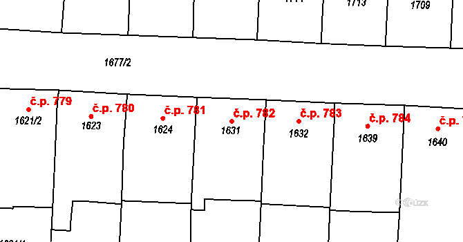 Podivín 782 na parcele st. 1631 v KÚ Podivín, Katastrální mapa
