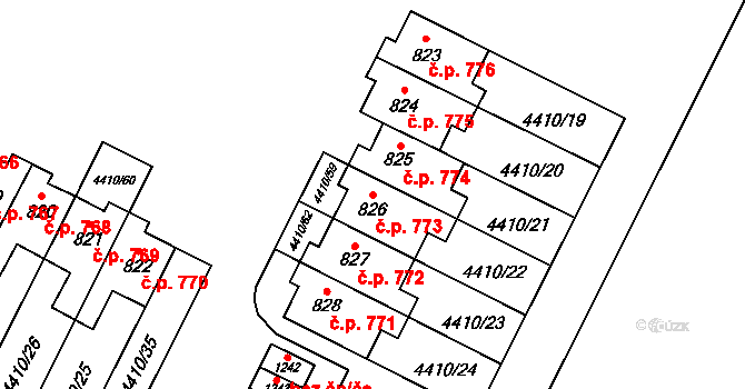 Hrušovany nad Jevišovkou 773 na parcele st. 826 v KÚ Hrušovany nad Jevišovkou, Katastrální mapa