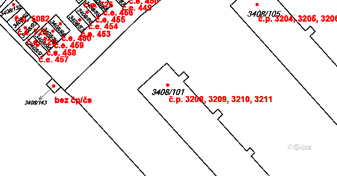 Znojmo 3208,3209,3210,3211 na parcele st. 3408/101 v KÚ Znojmo-město, Katastrální mapa