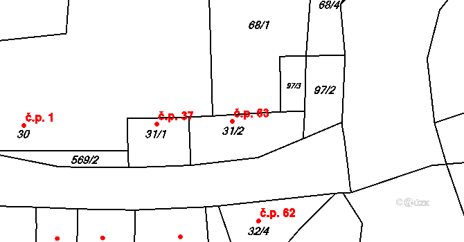 Močovice 63 na parcele st. 31/2 v KÚ Močovice, Katastrální mapa