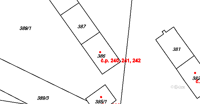 Antonínův Důl 240,241,242, Jihlava na parcele st. 386 v KÚ Pávov, Katastrální mapa