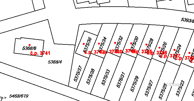 Jihlava 3743 na parcele st. 5375/34 v KÚ Jihlava, Katastrální mapa