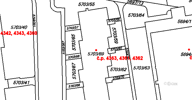 Jihlava 4361,4362,4363 na parcele st. 5703/69 v KÚ Jihlava, Katastrální mapa