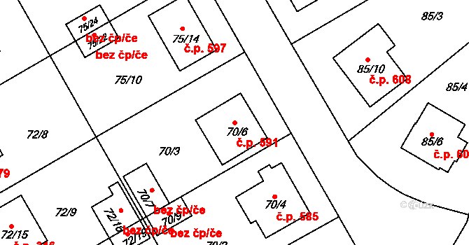 Lyžbice 591, Třinec na parcele st. 70/6 v KÚ Lyžbice, Katastrální mapa