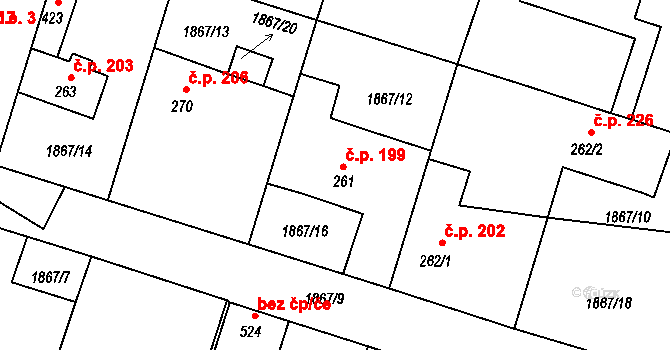 Přimda 199 na parcele st. 261 v KÚ Přimda, Katastrální mapa