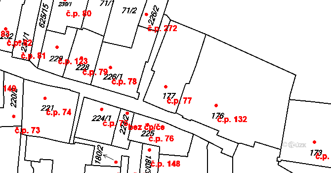 Zámostí 77, Třebíč na parcele st. 177 v KÚ Podklášteří, Katastrální mapa