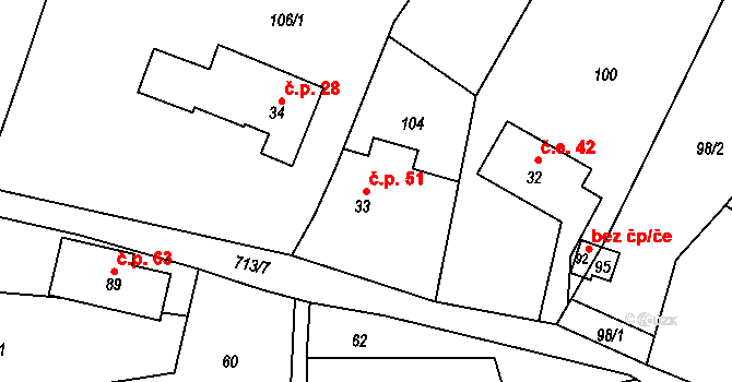 Proruby 51 na parcele st. 33 v KÚ Proruby u Potštejna, Katastrální mapa