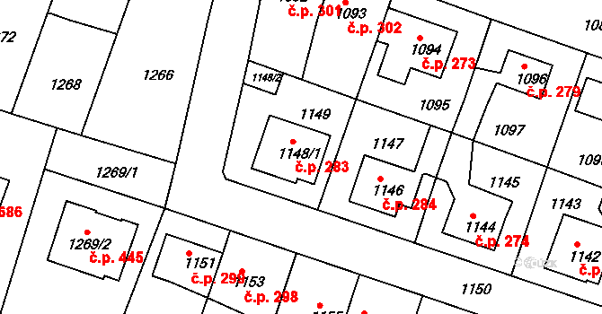Kolovraty 283, Praha na parcele st. 1148/1 v KÚ Kolovraty, Katastrální mapa