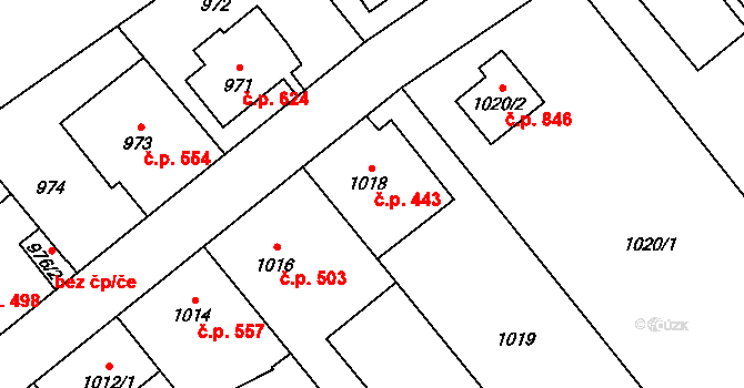 Radotín 443, Praha na parcele st. 1018 v KÚ Radotín, Katastrální mapa