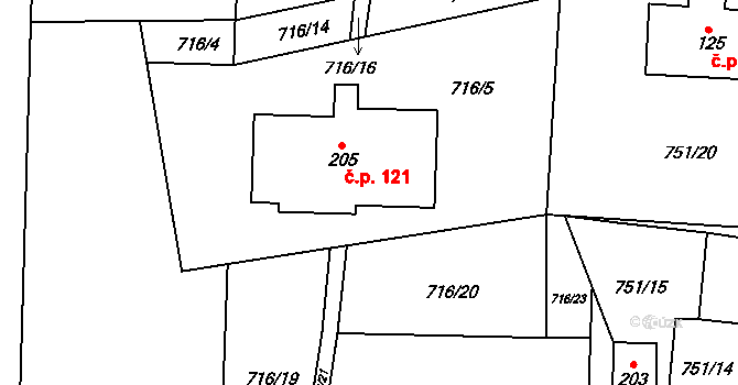 Dlouhá Lhota 121 na parcele st. 205 v KÚ Dlouhá Lhota u Dobříše, Katastrální mapa