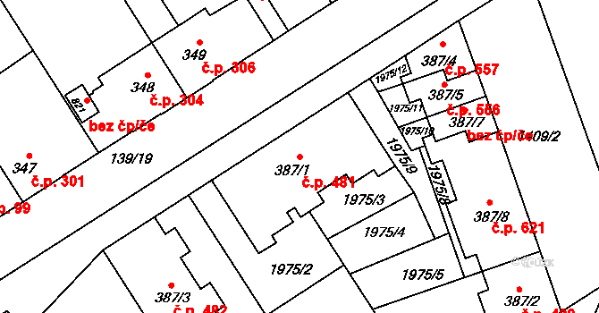 Chválkovice 481, Olomouc na parcele st. 387/1 v KÚ Chválkovice, Katastrální mapa