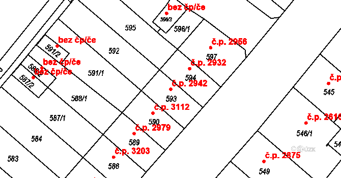 Chomutov 2942 na parcele st. 593 v KÚ Chomutov II, Katastrální mapa