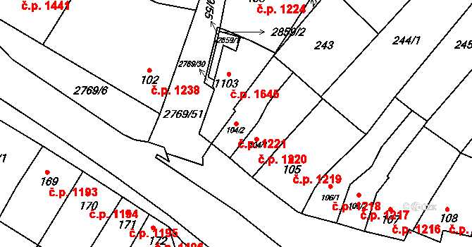 Ivančice 1221 na parcele st. 104/2 v KÚ Kounické Předměstí, Katastrální mapa