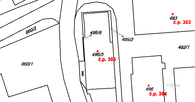 Mokrá 355, Mokrá-Horákov na parcele st. 495/3 v KÚ Mokrá u Brna, Katastrální mapa
