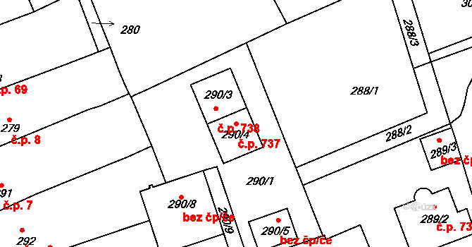 Planá nad Lužnicí 737 na parcele st. 290/4 v KÚ Planá nad Lužnicí, Katastrální mapa