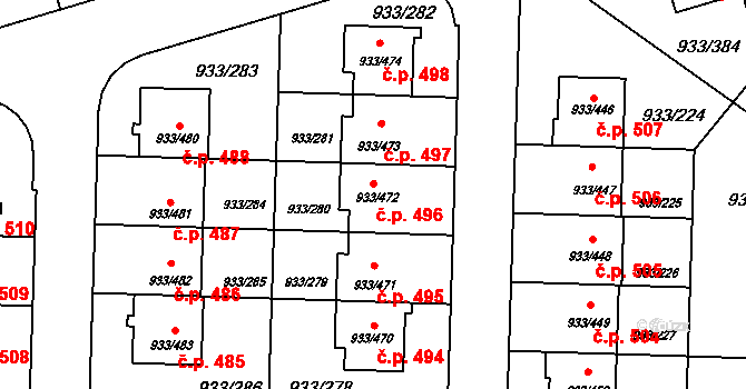 Satalice 496, Praha na parcele st. 933/472 v KÚ Satalice, Katastrální mapa