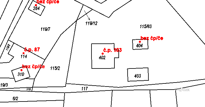 Tmaň 183 na parcele st. 402 v KÚ Tmaň, Katastrální mapa