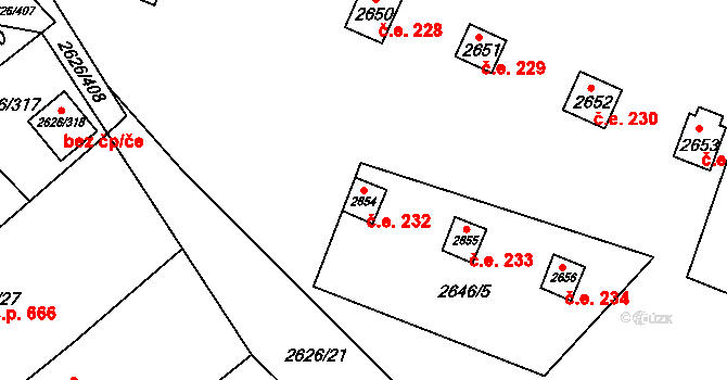 Doksy 232 na parcele st. 2654 v KÚ Doksy u Máchova jezera, Katastrální mapa