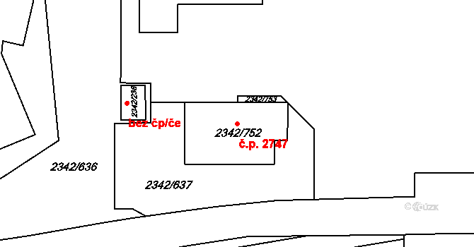 Stodůlky 2747, Praha na parcele st. 2342/752 v KÚ Stodůlky, Katastrální mapa