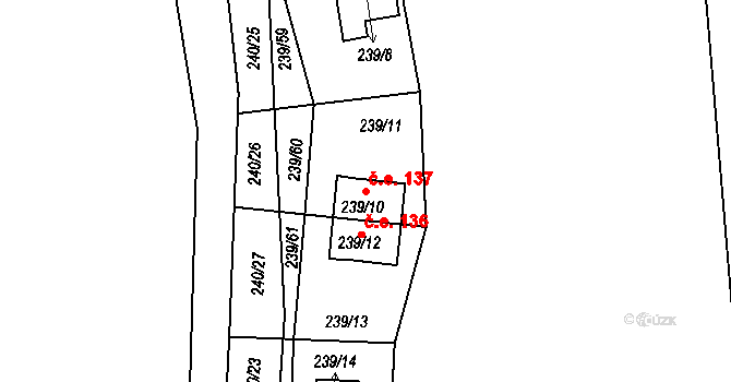 Tušimice 137, Kadaň na parcele st. 239/10 v KÚ Tušimice, Katastrální mapa
