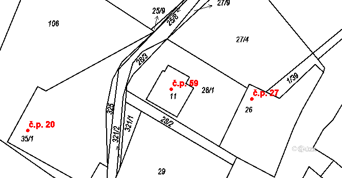 Skoranov 59, Třemošnice na parcele st. 11 v KÚ Skoranov, Katastrální mapa