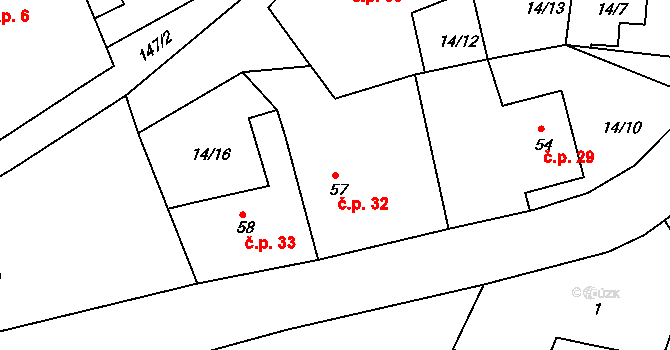 Sušice 32, Míčov-Sušice na parcele st. 57 v KÚ Sušice, Katastrální mapa