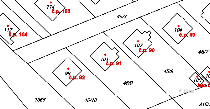 Kuničky 91 na parcele st. 101 v KÚ Kuničky, Katastrální mapa