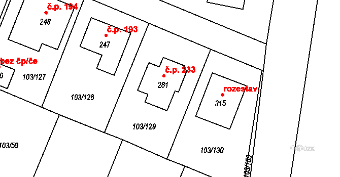 Břežany II 233 na parcele st. 281 v KÚ Břežany II, Katastrální mapa