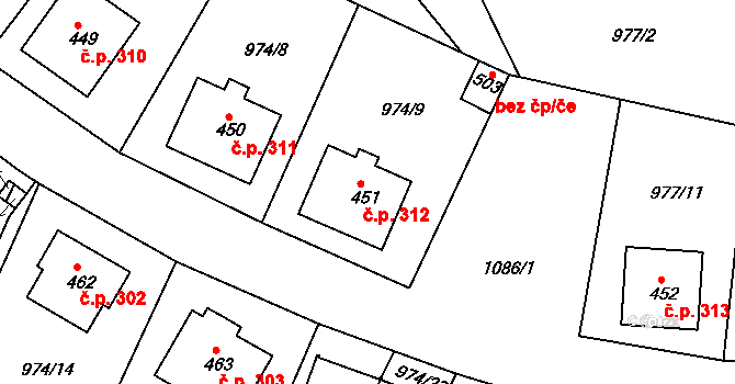 Husinec 312 na parcele st. 451 v KÚ Husinec, Katastrální mapa
