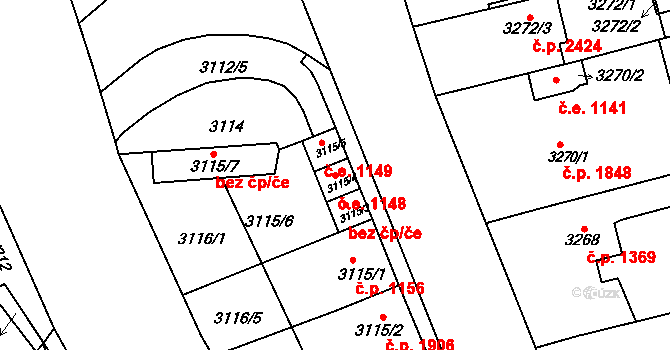 Líšeň 1148, Brno na parcele st. 3115/4 v KÚ Líšeň, Katastrální mapa