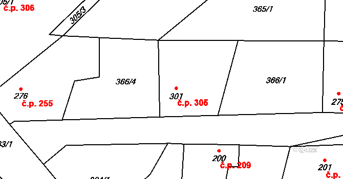 Lišany 305 na parcele st. 301 v KÚ Lišany u Rakovníka, Katastrální mapa