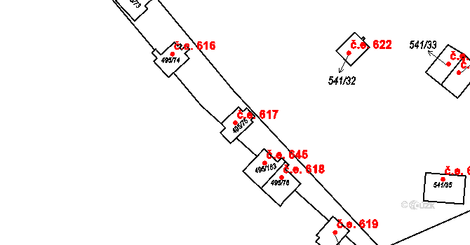 Bítov 617 na parcele st. 495/75 v KÚ Bítov, Katastrální mapa