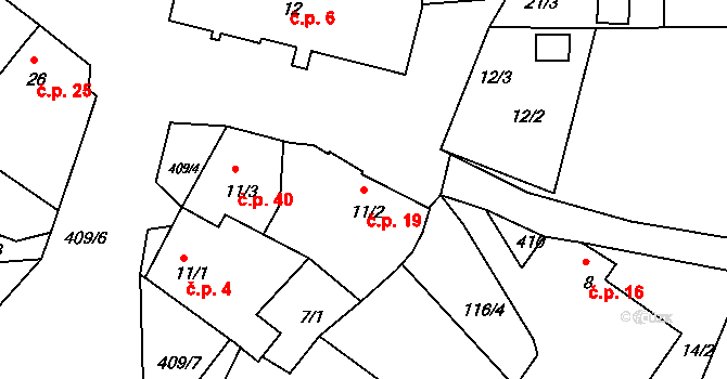 Horní Miletín 19, Lišov na parcele st. 11/2 v KÚ Horní Miletín, Katastrální mapa