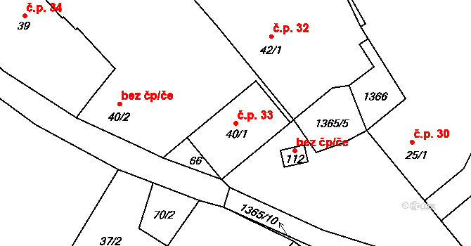 Ždírec 33 na parcele st. 40/1 v KÚ Ždírec v Podbezdězí, Katastrální mapa