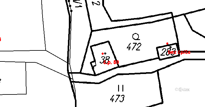 Veselá 59, Zašová na parcele st. 38 v KÚ Veselá u Valašského Meziříčí, Katastrální mapa
