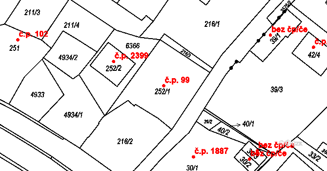 Rožnov pod Radhoštěm 99 na parcele st. 252/1 v KÚ Rožnov pod Radhoštěm, Katastrální mapa