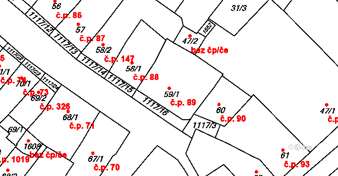 Náměšť nad Oslavou 89 na parcele st. 59/1 v KÚ Náměšť nad Oslavou, Katastrální mapa