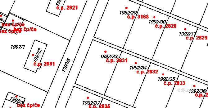 Teplice 2831 na parcele st. 1992/33 v KÚ Teplice, Katastrální mapa