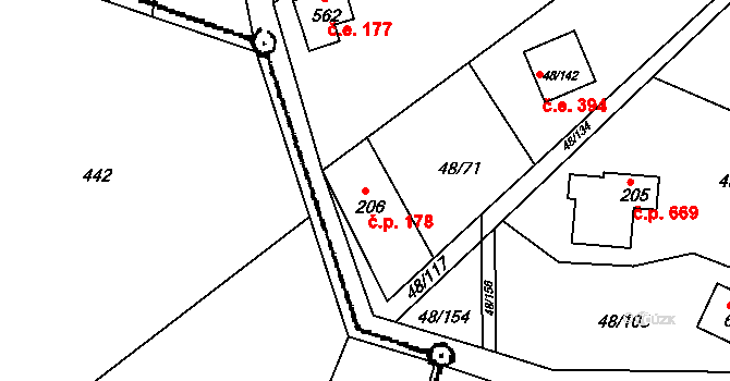 Brnky 178, Zdiby na parcele st. 206 v KÚ Brnky, Katastrální mapa