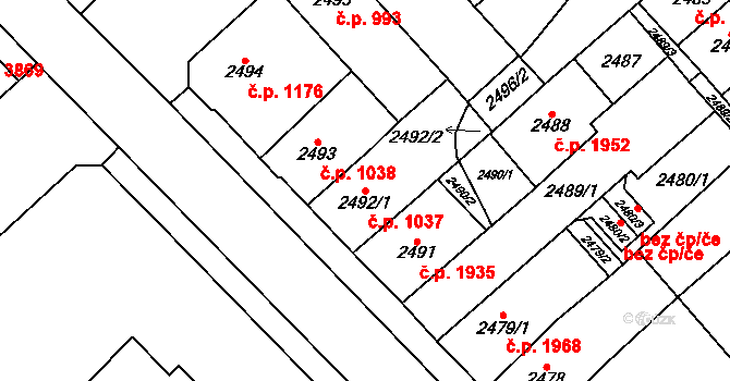 Chomutov 1037 na parcele st. 2492/1 v KÚ Chomutov I, Katastrální mapa