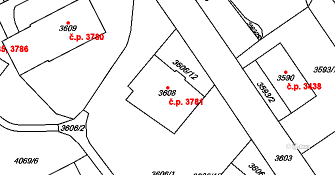 Chomutov 3781 na parcele st. 3608 v KÚ Chomutov I, Katastrální mapa