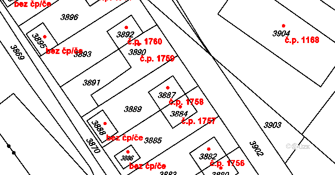 Vsetín 1758 na parcele st. 3887 v KÚ Vsetín, Katastrální mapa